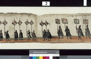 Detail van De Huntly Begrafenisstoet, gezegd te zijn gebruikt voor de uitvaart van George 1e, Markies van Huntly door Alexander Kincaid