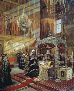 Tsaar Alexis en Patriarch Nikon bij de kist van Metropoliet Philip van Moskou, 17e eeuw 1886