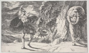 Fingal ontmoet Carbon Carglass, voor het eerst gedrukt ca. 1773 (ets) door Alexander Runciman