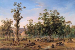 Een Aboriginal kampement, nabij de Adelaide heuvels door Alexander Schramm
