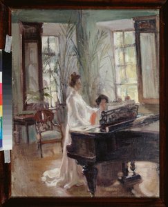 In een ontvangstruimte - Twee vrouwen maken muziek, zingen en spelen piano - Werk van Alexander Valentinovich Sredin