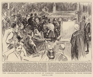 De schandelijke scène in het Lagerhuis, het uitzetten van weerspannige Ierse leden door Alexander Stuart Boyd