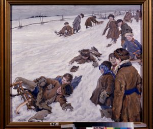 Wintersporten. Scène van sleeën in een besneeuwd veld, kinderen warm gekleed, hebben plezier en lachen uitbundig. Schilderij van Alexander Viktorovich Moravov