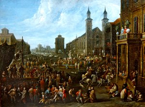 Een marktscène met straatartiesten en andere figuren