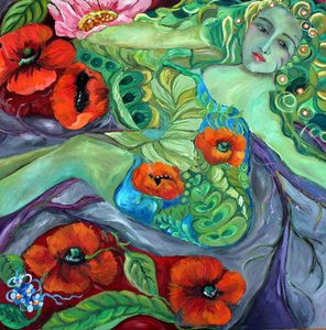 Groene godin en klaprozen door Alexandra Higgins