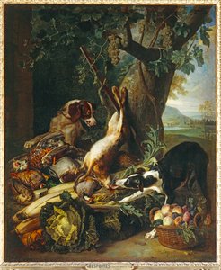 Gibier mort, legumes, fruits et deux chiens - Dood wild, groenten, fruit en twee honden ...