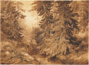 Een oud dennenbos met een bergbeek door Alexandre Calame