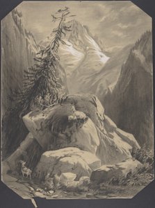 Drie geiten in een bergachtig landschap door Alexandre Calame