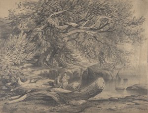 Twee mannen rusten bij een meer, vroege tot midden 19e eeuw door Alexandre Calame
