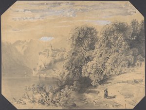 Vrouw met een hond bij een bergmeer door Alexandre Calame