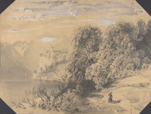 Vrouw met een hond bij een bergmeer, begin tot midden 19e eeuw door Alexandre Calame