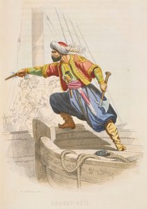 Dragut Reis, de beroemde Barbarijse kaper, bereidt zich voor om een vijandelijk schip te enteren op zoek naar buit, midden 19e eeuw door Alexandre Debelle
