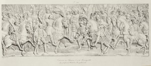 Ontmoeting van François I en Hendrik VIII op het Veld van het Gouden Laken, naar het gebeeldhouwde stenen reliëf in het Hotel de Bourgtheroulde, Rouen, Normandië, 1501-37, gegraveerd door Godefroy Engelmann door Alexandre Evariste Fragonard