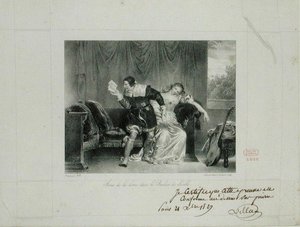 De briefscène uit de opera De Barbier van Sevilla door Rossini, gegraveerd door Villain de Sevres door Alexandre Evariste Fragonard