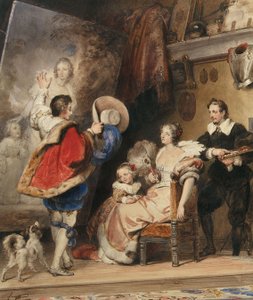 Jonge man bewondert een portret van een dame en haar kleine dochter door Alexandre Evariste Fragonard