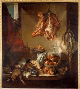 Een keukeninterieur stilleven van wild, fruit en vlees. Schilderij door François Desportes (1661-1743) 18e eeuw. Châlons-en-Champagne, Musée des Beaux-Arts
