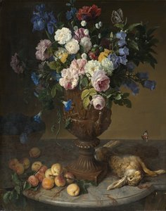Urn met bloemen, fruit en haas