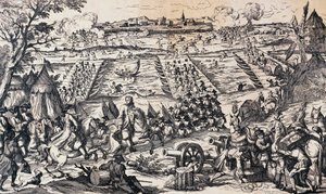 Het leger van Lodewijk XV steekt de Rijn over en valt de verdedigingslinie bij Ettlingen aan, 1-4 mei door Nicolas Toussaint Charlet