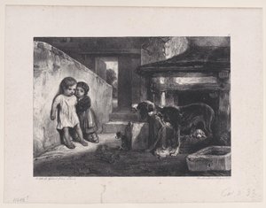 Kinderen bang gemaakt door grommende hond, uit de serie Jachtscènes, 1829 door Alexandre Gabriel Decamps