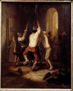 De klokkenluiders. Mannen trekken aan het touw om de klokken te luiden door Alexandre Gabriel Decamps
