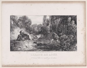 Wolvenjacht: Gewond dier aangevallen door honden, uit de serie Jachtscènes door Alexandre Gabriel Decamps