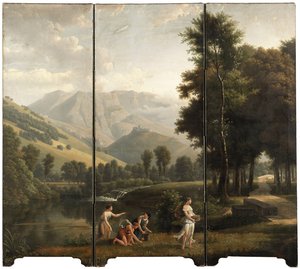 Een Arcadisch landschap met meisjes die bloemen verzamelen aan de oever van een rivier, een kasteel op een heuvel op de achtergrond
