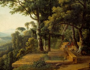 De filosoof Jean Jacques Rousseau mediterend in 1770 in het Parc de la Rochecordon nabij Lyon (detail)