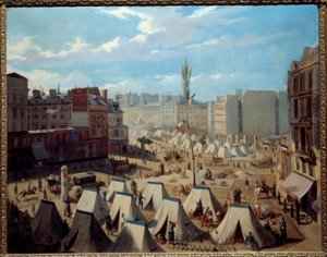 Troepenleger op de Boulevard du Temple tijdens de dagen van juni 1848. Uitzicht op Parijs tijdens de revolutie van 1848 door Alexandre Josquin