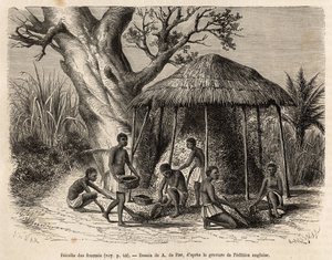 Het verzamelen van de mieren, een strooien dak wordt boven de mier geplaatst, de gevleugelden vliegen weg en botsen tegen dit dak, bedwelmd worden ze dan opgeveegd en verzameld in grote manden om gefrituurd te worden, geëtst naar een tekening van A.de Bar, door Alexandre de (after) Bar