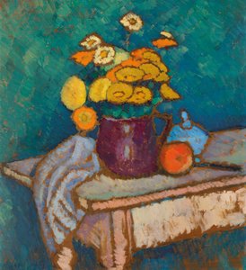 Stilleven met doek, bloemen in kruik en appel, 1909-1910