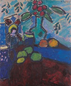 Stilleven met omgekeerd glazen schilderij, groene vaas en fruit door Alexej von Jawlensky