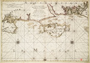 Kaart van de Engelse kust, Isle of Wight en Portsmouth haven door Alexis Hubert Jaillot