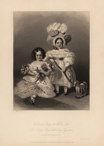 Burggraaf Grey de Wilton en Elizabeth Grey Egerton, kinderen van Thomas Egerton, 2e graaf van Wilton. Dochter in krullen en franjejurk met een pop, en zoon in jurk en verenbonnet met een lint vastgebonden aan een speelgoedpaard. Staalgravure door Henry door Alfred Edward (after) Chalon