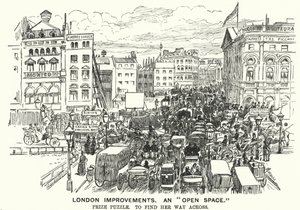 Punch cartoon: Verbeteringen in Londen. Een "open ruimte" - verkeersopstopping in Victoriaans Londen (gravure) door Alfred Chantrey Corbould