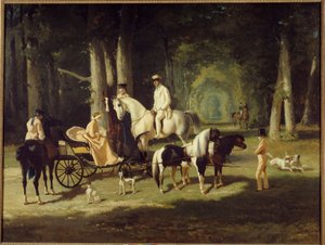 De heer en mevrouw A. Mosselman en hun twee dochters te paard door het bos (1848)