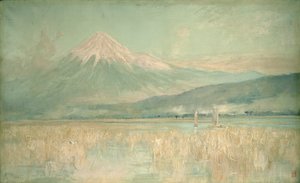 Dageraad op de Heilige Berg, de Fuji zon half verborgen in de wolken