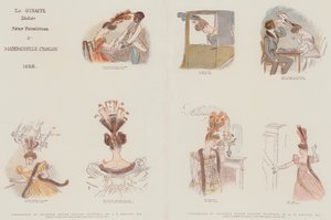 Facsimiles van originele aquarellen, ontworpen om de mode in vrouwelijke hoofdtooien van het jaar 1828 te satiriseren