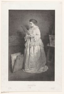 Jonge vrouw bekijkt een prent of tekening door Alfred François Lemoine