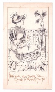 Victoriaanse nieuwjaarskaart van een estheet die een vaas met pauwenveren bewondert, c.1881 (monochroom) door Alfred Gray