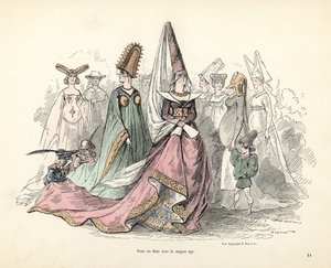 Karikaturen van kostuums van vrouwen en kinderen in de middeleeuwen