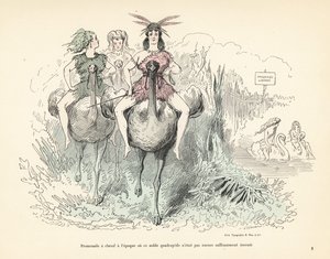 Vrouwen in dierenvellen en veren die op struisvogels en zwanen rijden