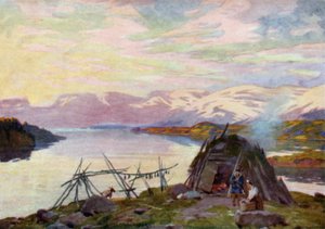 Een Lapse hut aan het meer Torne Trask, middernacht door Alfred Heaton Cooper