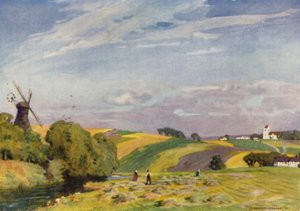 Denemarken: Een typisch Deens landschap, Zuid-Jutland (kleur litho)