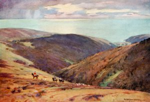 Jacht op het edelhert op Exmoor, Vale of Porlock door Alfred Heaton Cooper