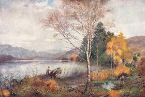 Lake District: Houtskoolbranders, Coniston Lake door Alfred Heaton Cooper