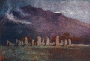 Lake District: Druidencirkel, nabij Keswick, maanlicht door Alfred Heaton Cooper