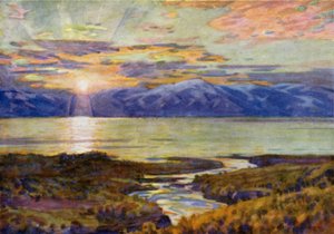 Middernachtzon over het meer Torne Trask, vanuit Abisko door Alfred Heaton Cooper