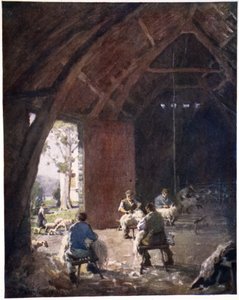Schapenscheren, Esthwaite Hall Farm, uit een portfolio van prenten van de originele aquarellen, c.1920 door Alfred Heaton Cooper