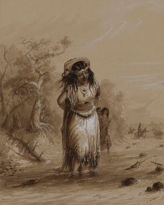 Indiaans meisje met kind in draagzak steekt een beekje over door Alfred Jacob Miller