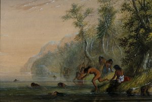 Indiaanse vrouwen: zwemmen door Alfred Jacob Miller